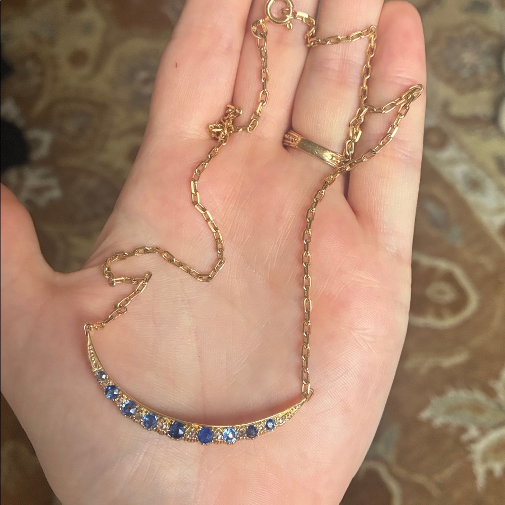 Antique sapphire & diamond crescent brooch necklace conversion OOAK 15k/18k gold